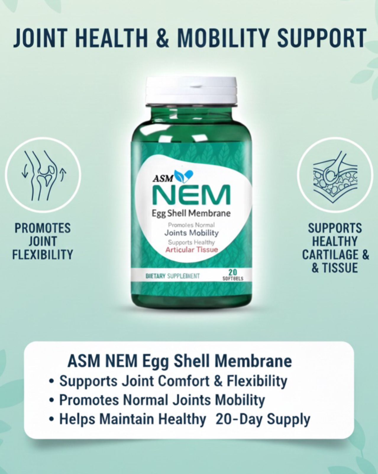 ASM NEM Joint Support – Natural Eggshell Membrane for Mobility & Flexibility (30 Softgels)